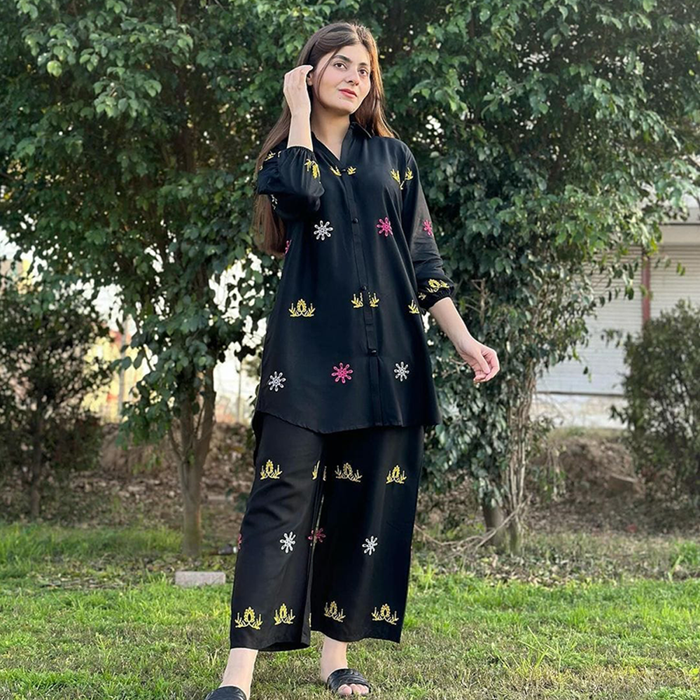 Cotton Embroidery Shirt Collar Two Pieces For Women - Black