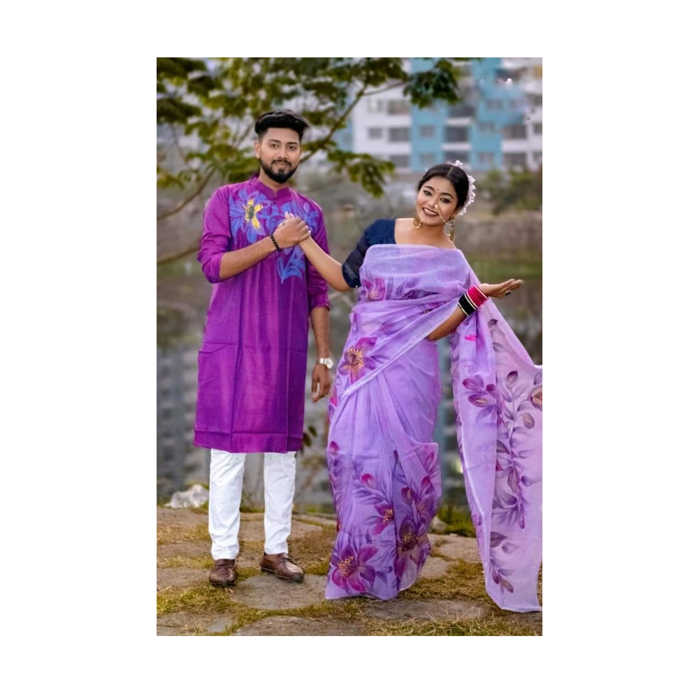 Hand Printed Half Silk Saree and Dhupian Cotton Panjabi For Couple Set - BAN062