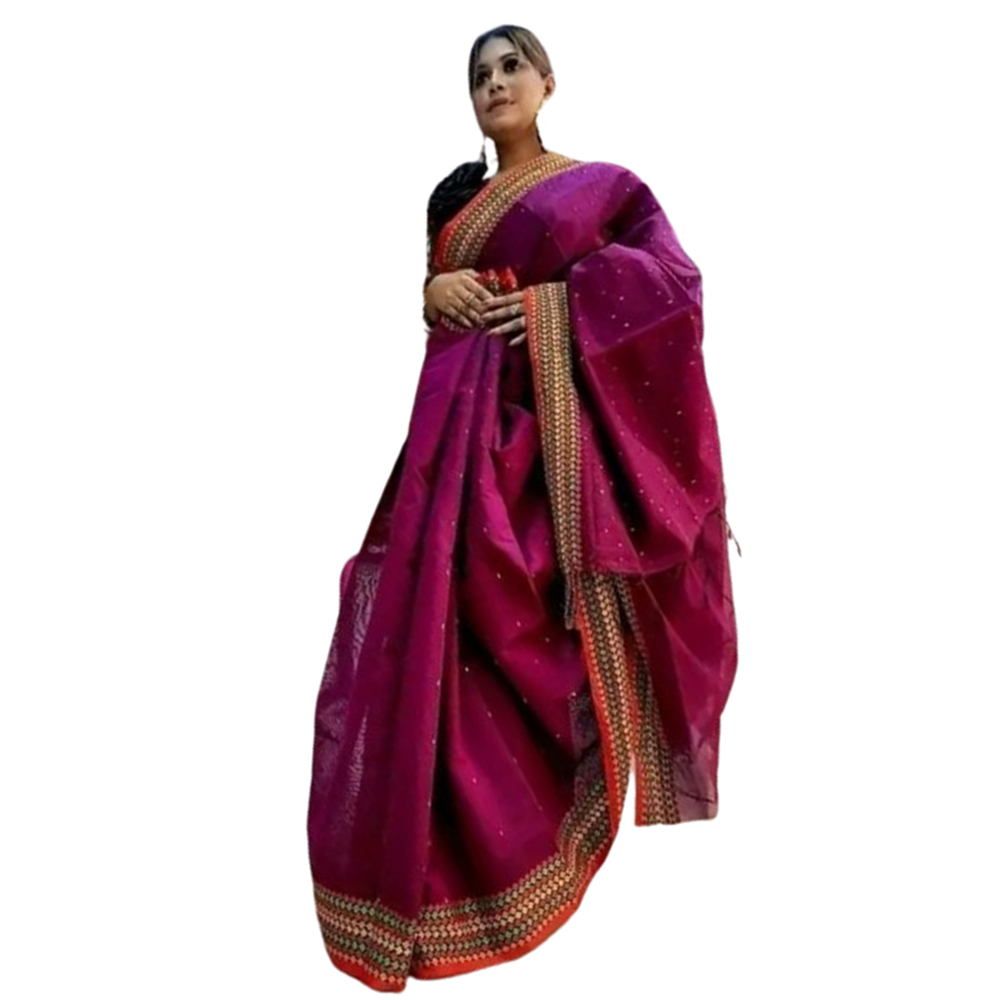 Cotton Saree with Blouse Piece For Women - Marron - SP-C17