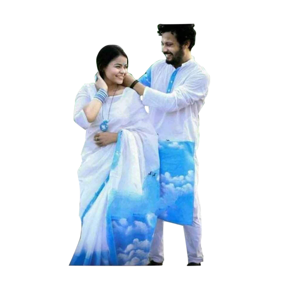 Half Silk Sharee and Cotton Punjabi Set For Couple - White/Sky - CS-18