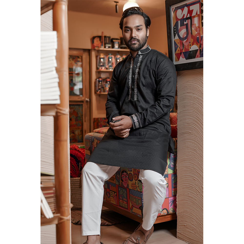 Cotton Embroidery Panjabi for Men - Box Black - AA-EBL