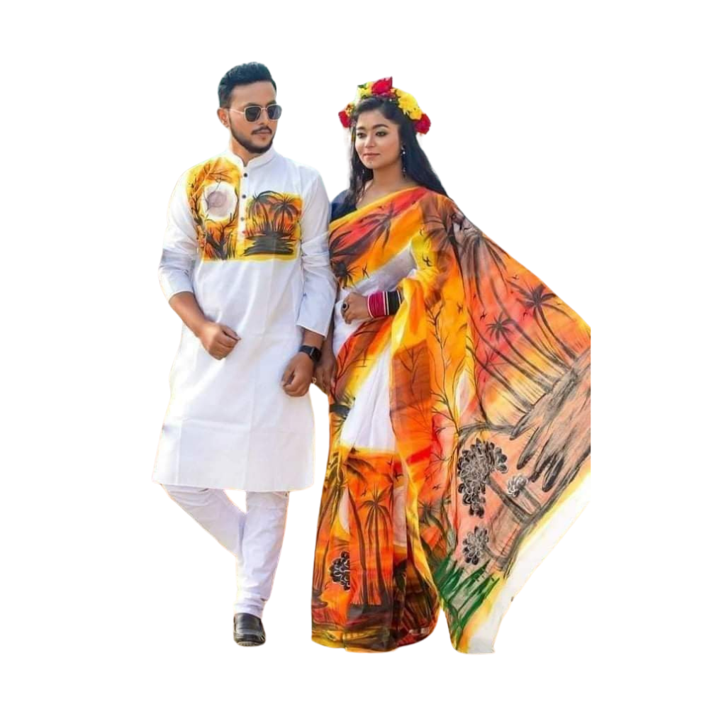 Cotton Silk Saree and Dhupian Cotton Panjabi Couple Dress - Orange & White - SC91