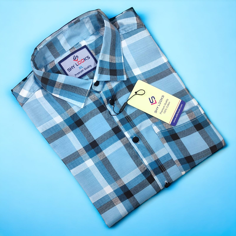 Cotton Full Sleeve Check Shirt for Men - Blue