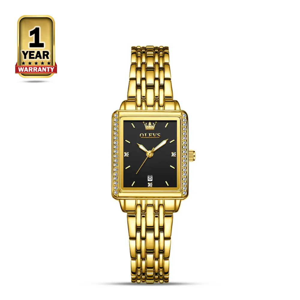OLEVS 9995 Luxury Diamond Square Quartz Watch For Women - Golden Black