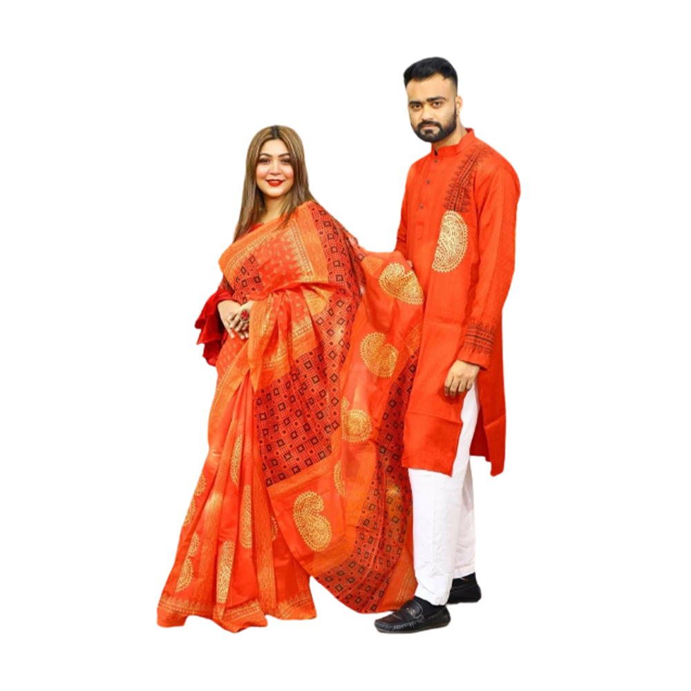 Hand Print Half Silk Saree and Silk Cotton Panjabi for Couple - Red - CS-45