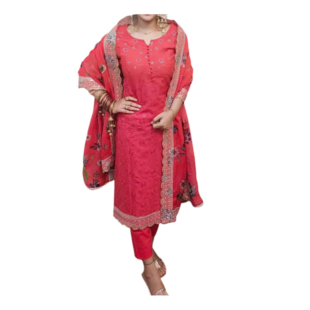 Cotton Embroidery Unstitched Salwar Kameez For Women -Pink - 3A-28