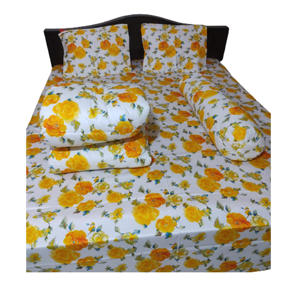 Twill Cotton King Size Five In One Comforter Set - White and Yellow - CMT-12