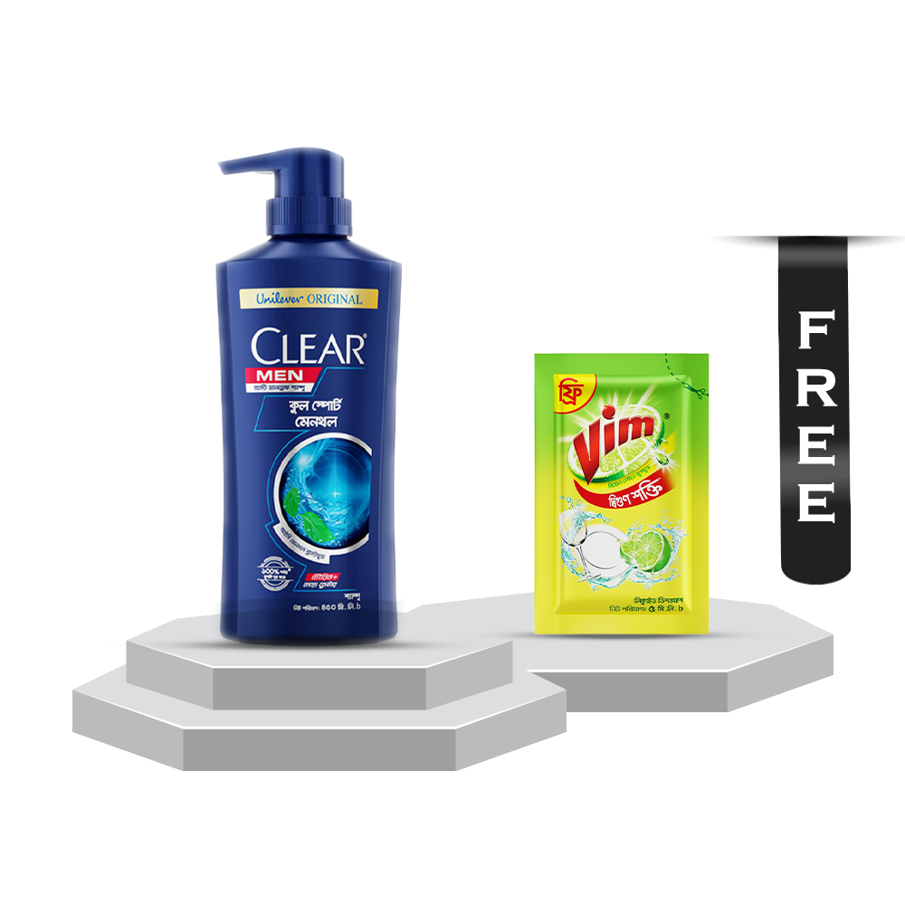 Clear Man Cool Sport Menthol Anti Dandruff Shampoo - 450ml With Vim Liquid Dish Washer - 5ml Free