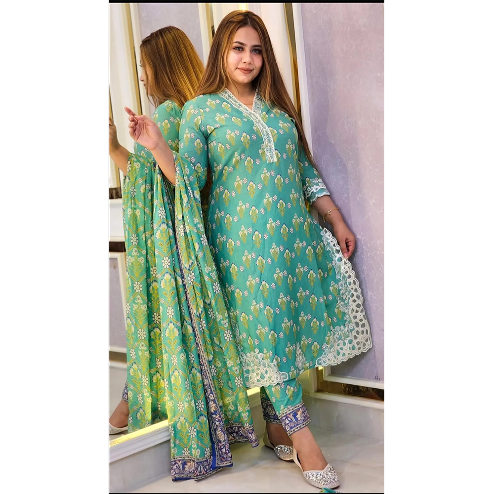 Cotton Printed Salwar Kameez For Women - Green - HS 00002