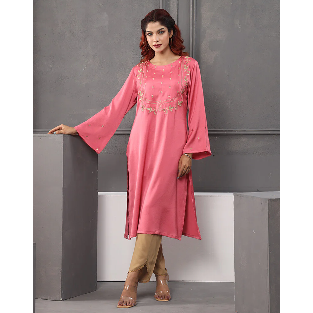 Crepe Silk Kurti For Women - Pink -  J-13