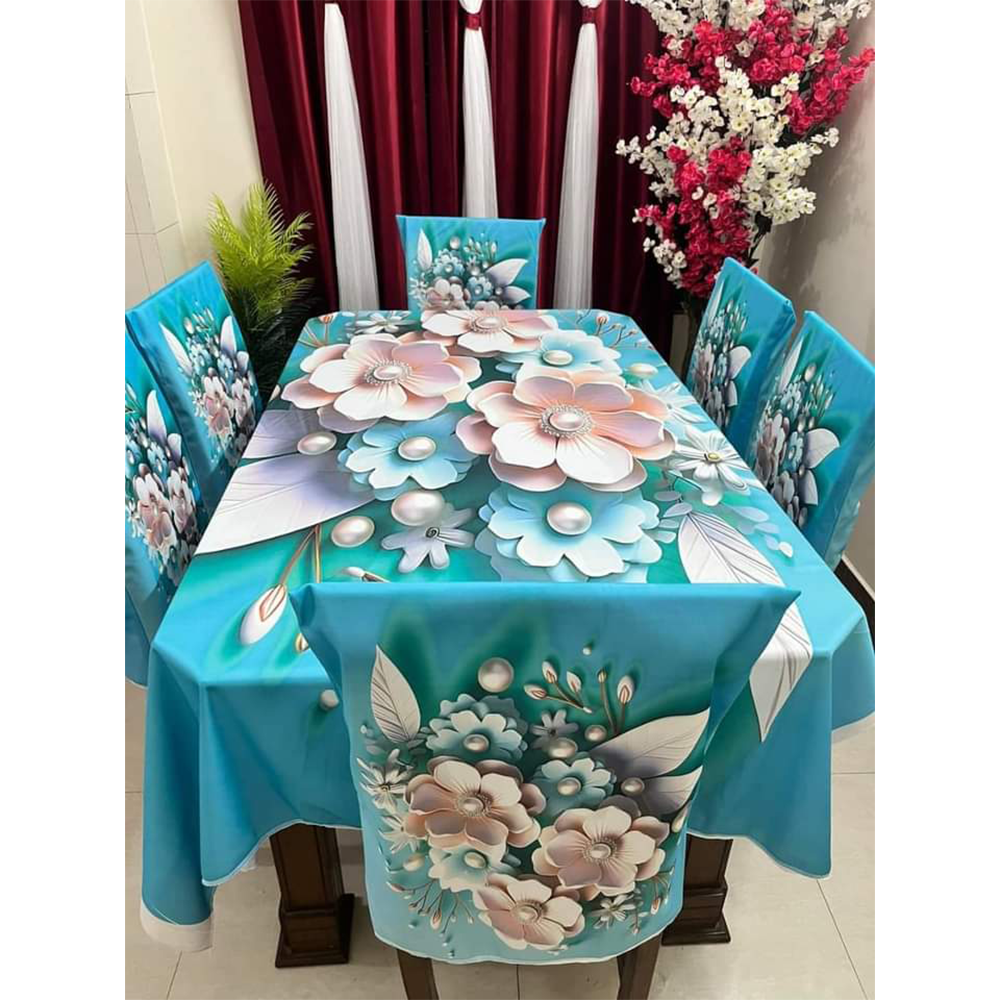 Korean Velvet 3D Print Dining Table Cloth and Chair Cover Set 7 In 1 - HS 00101