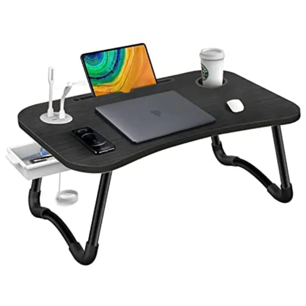 Foldable Laptop Table With Drawer - Black
