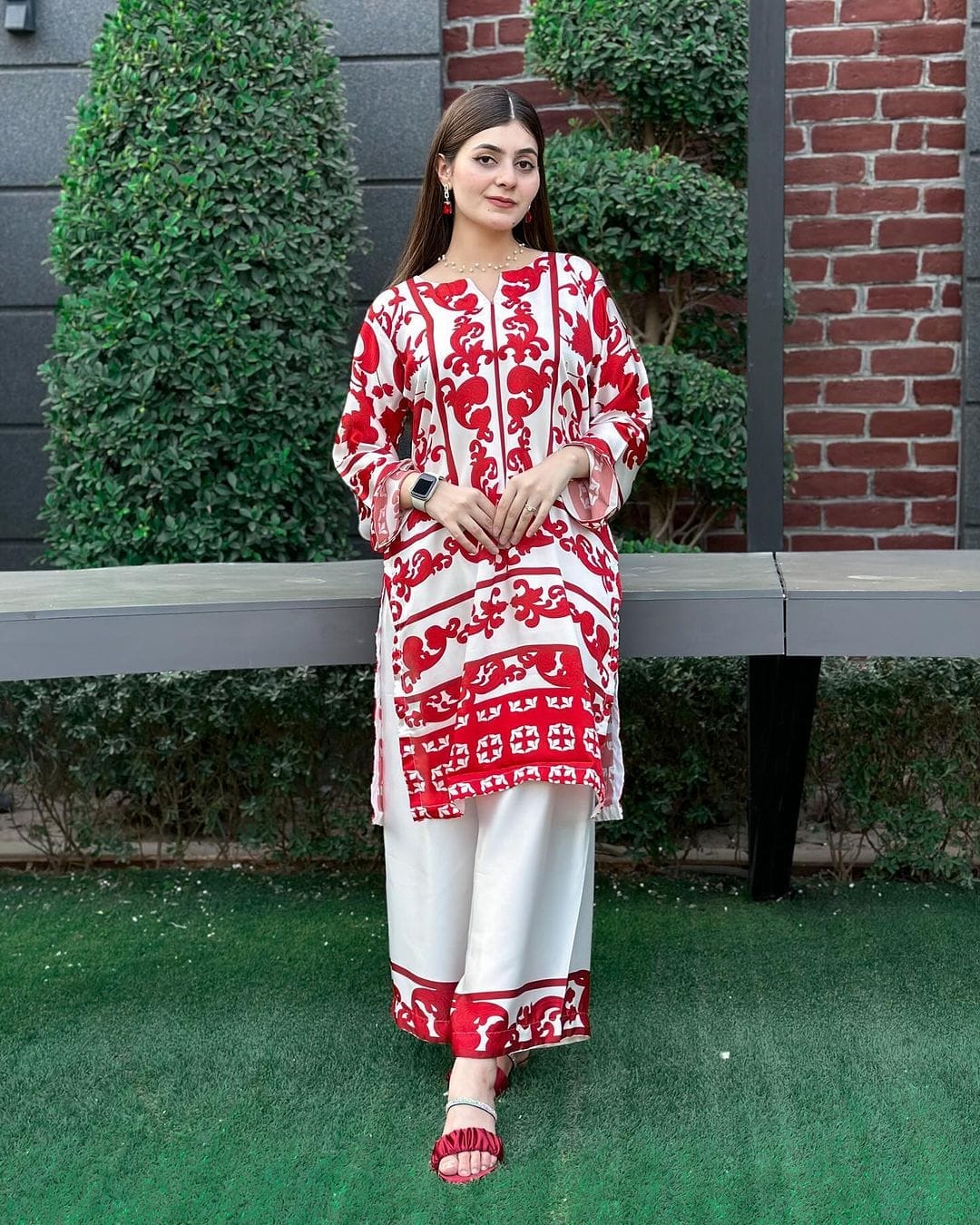 Ready Made VIP Silk Two Pieces For Women - Red