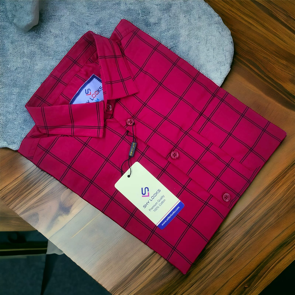 Cotton Full Sleeve Check Shirt for Men - Red