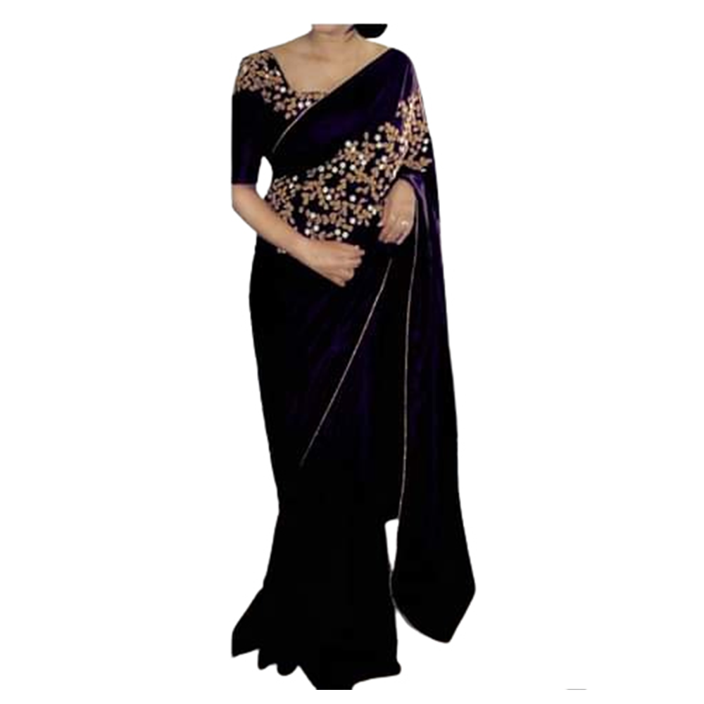 Weightless Georgette Embroidery Saree With Blouse Piece For Women - Black - SJ-77