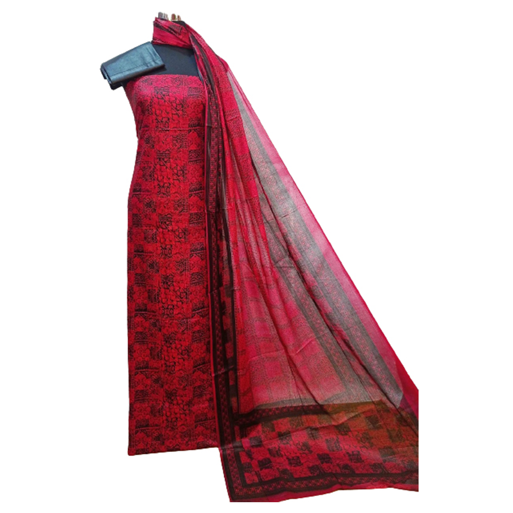 Unstitched Cotton Printed Salwar Kameez For Women - Maroon - 3R-P38