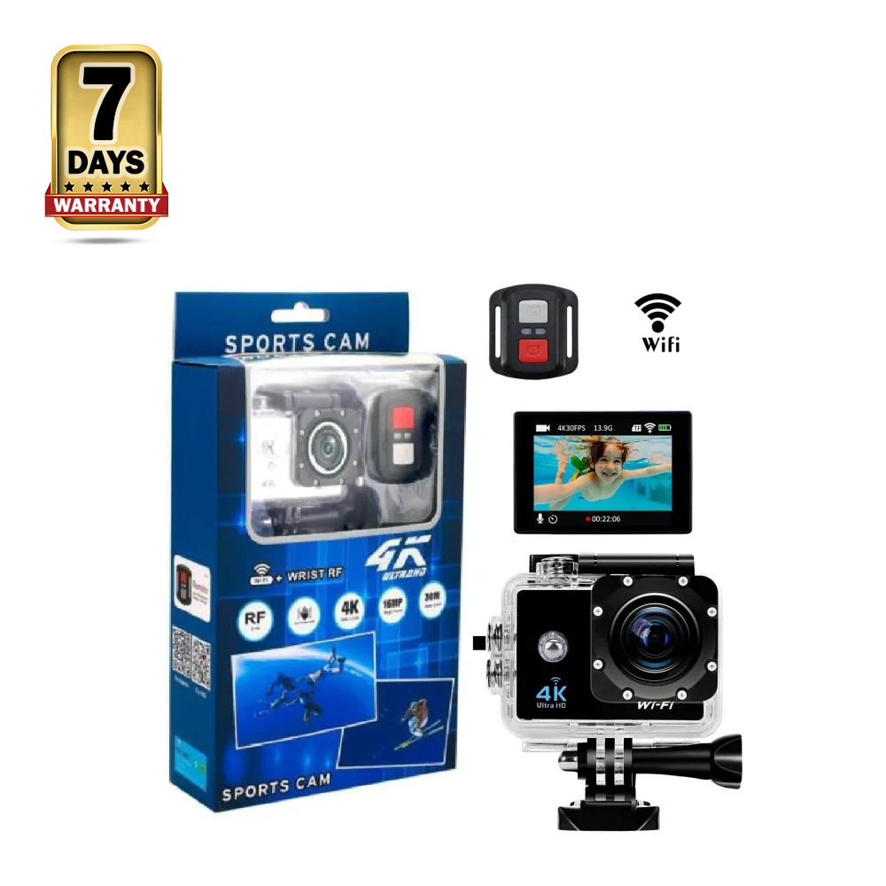 4K Ultra Waterproof Wifi Sports Action Camera Kit with Built In and Remote Control - 16MP - Black