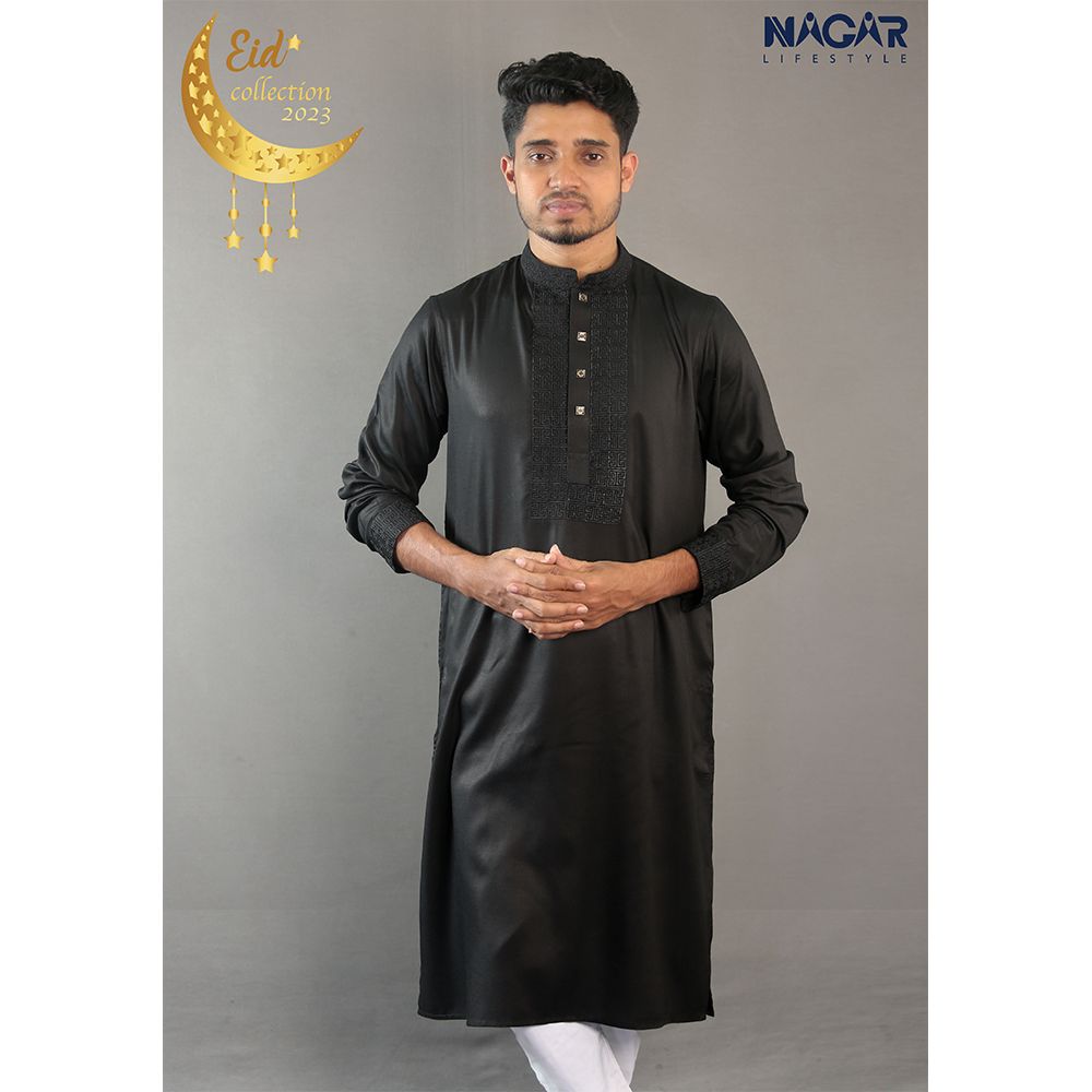 Nagar Exclusive Cotton Embroidery Panjabi for Men - Black - ED34