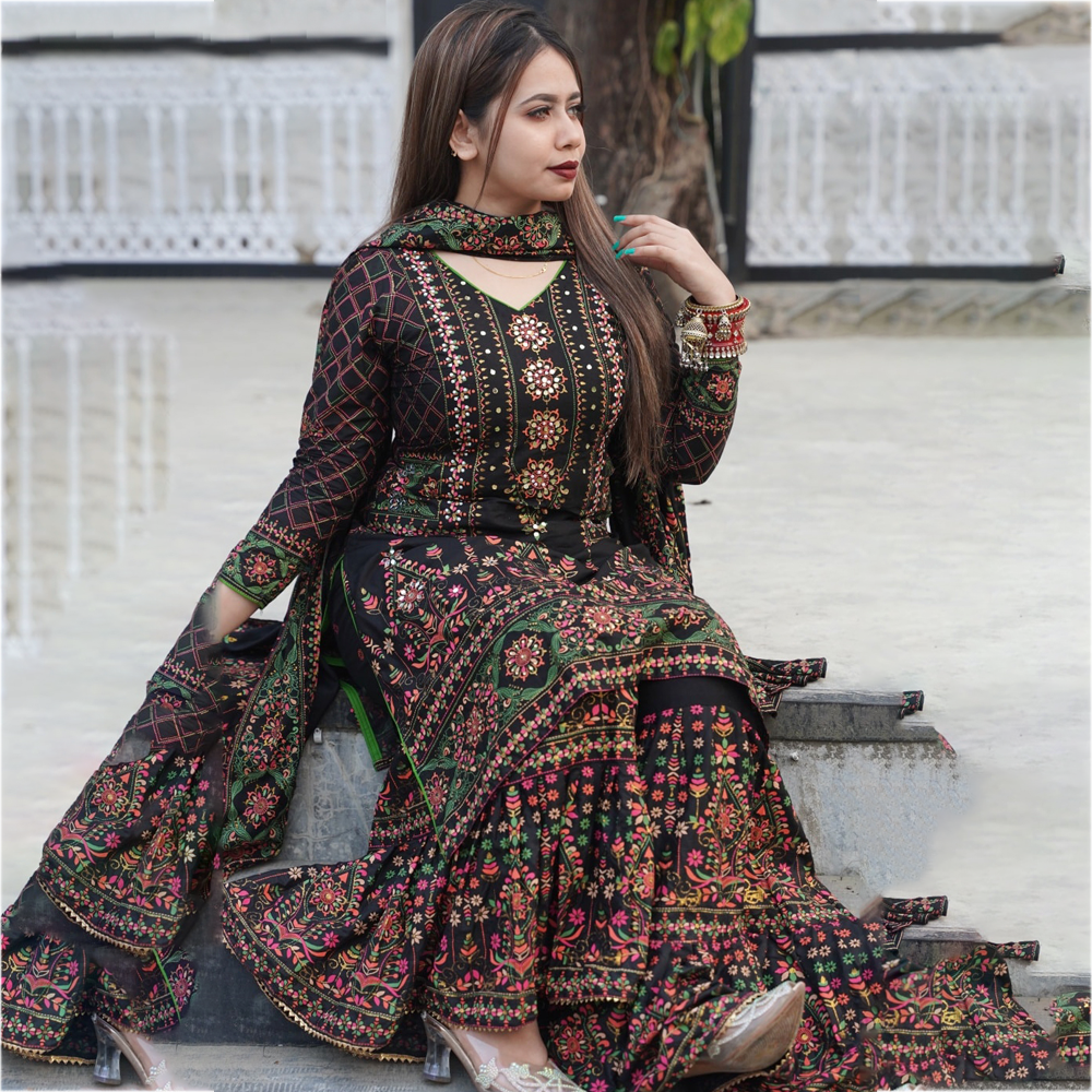 Unstitched Linen Mirror Work 3D Printed Salwar Kameez For Women Black 2052