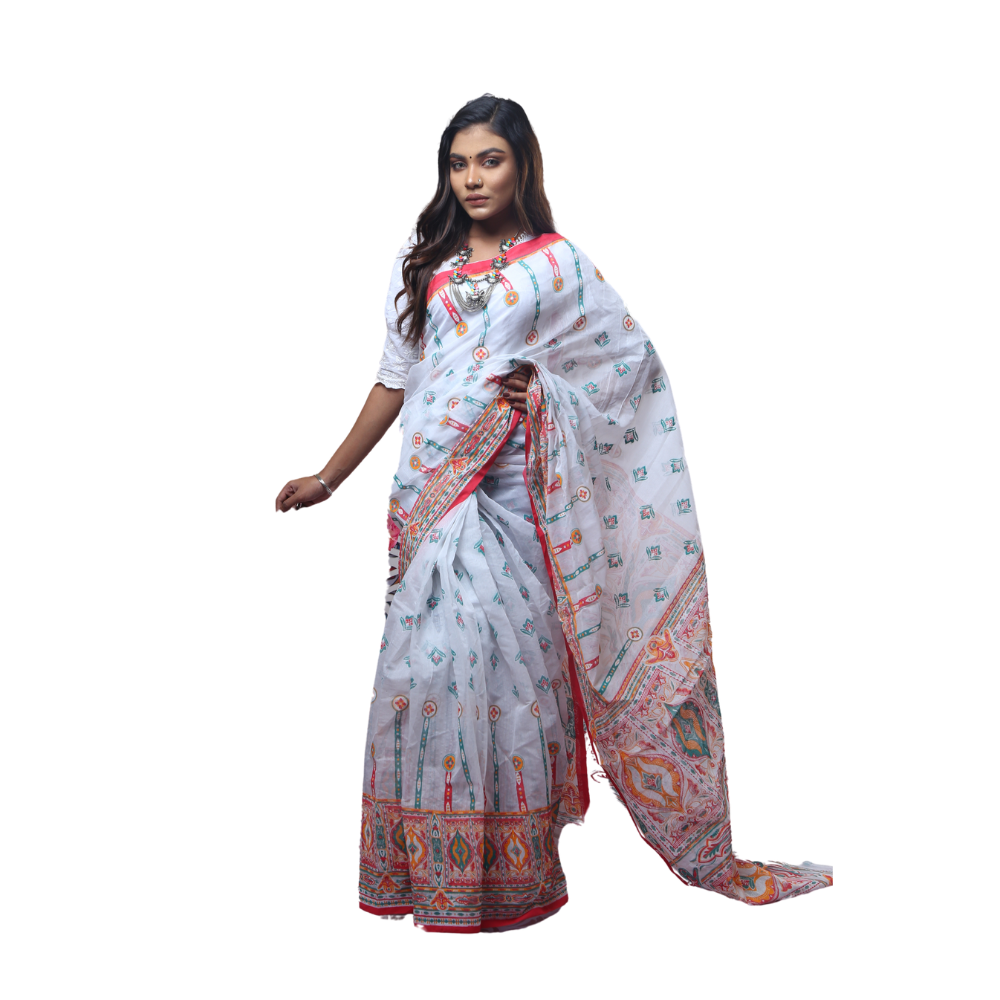 Skin Print Silk Cotton Saree For Women - White - SC6