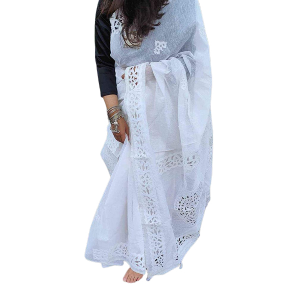 Half Silk Cutwork Saree for Women - White - SP-117