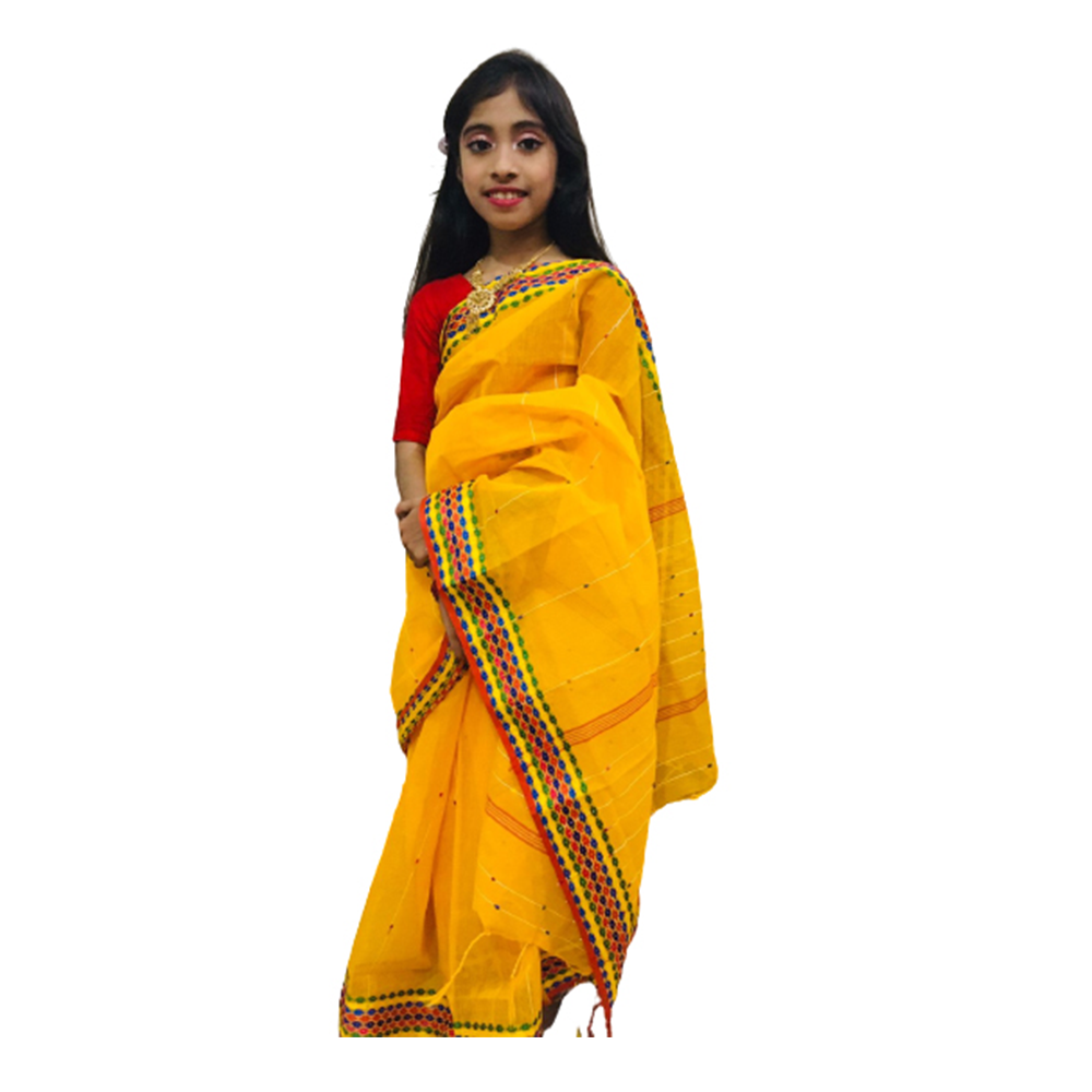 Cotton Jamdani Baby Saree For Girl - Yellow - KS-01