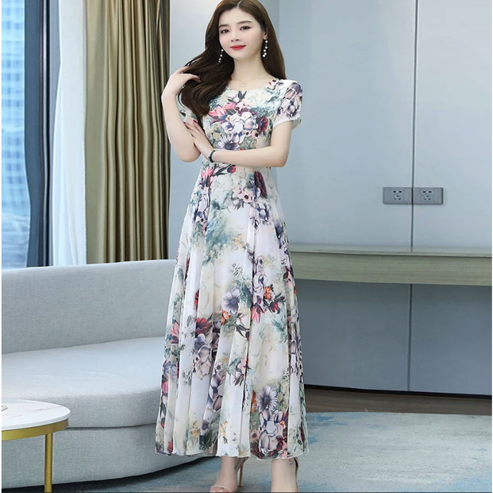 Linen Short Sleeve Digital Print Gown For Women - Off White - 1601