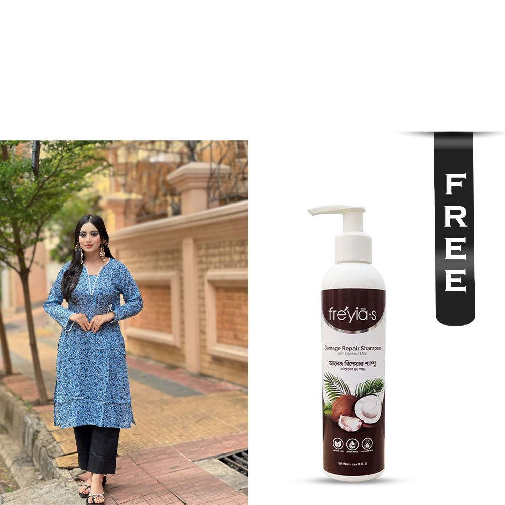 Buy Showstopper Cotton Kurti for Women - 0224 000313 - Pastel Blue and Get Freyias Damage Repair Shampoo with Coconut Milk - 220ml Free