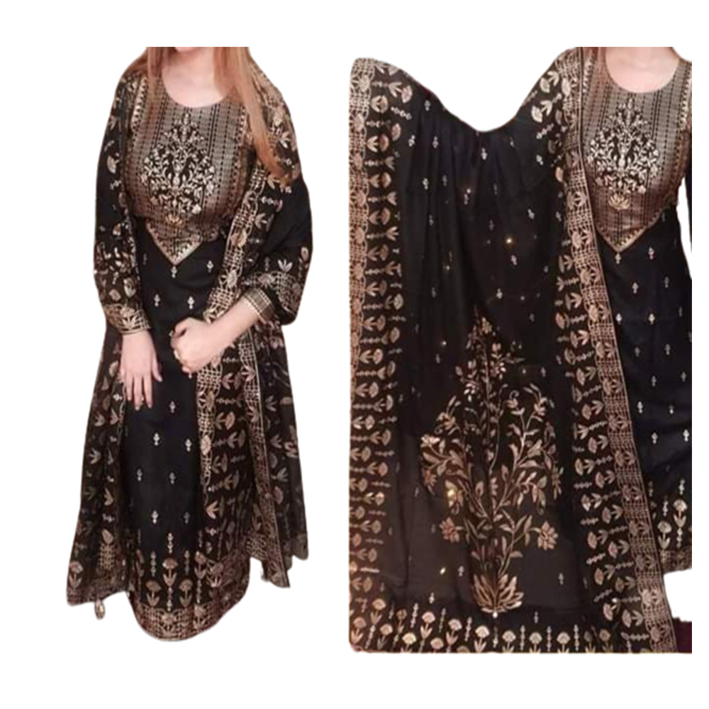 Unstitched Cotton Skin Print Salwar Kameez For Women - Black - 3C-88