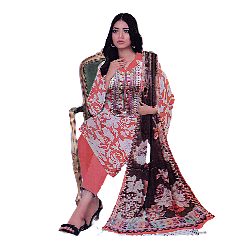 Mashaal Unstitched Embroidery Lawn Salwar Kameez for Women - Orange