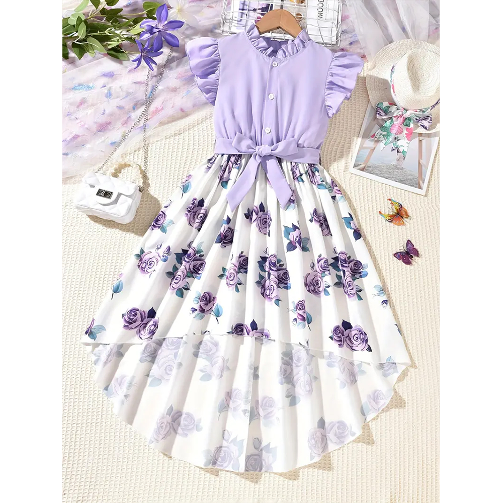 Linen 3D Digital Print Party Dress For Girls - Deep Purple and White - 1731