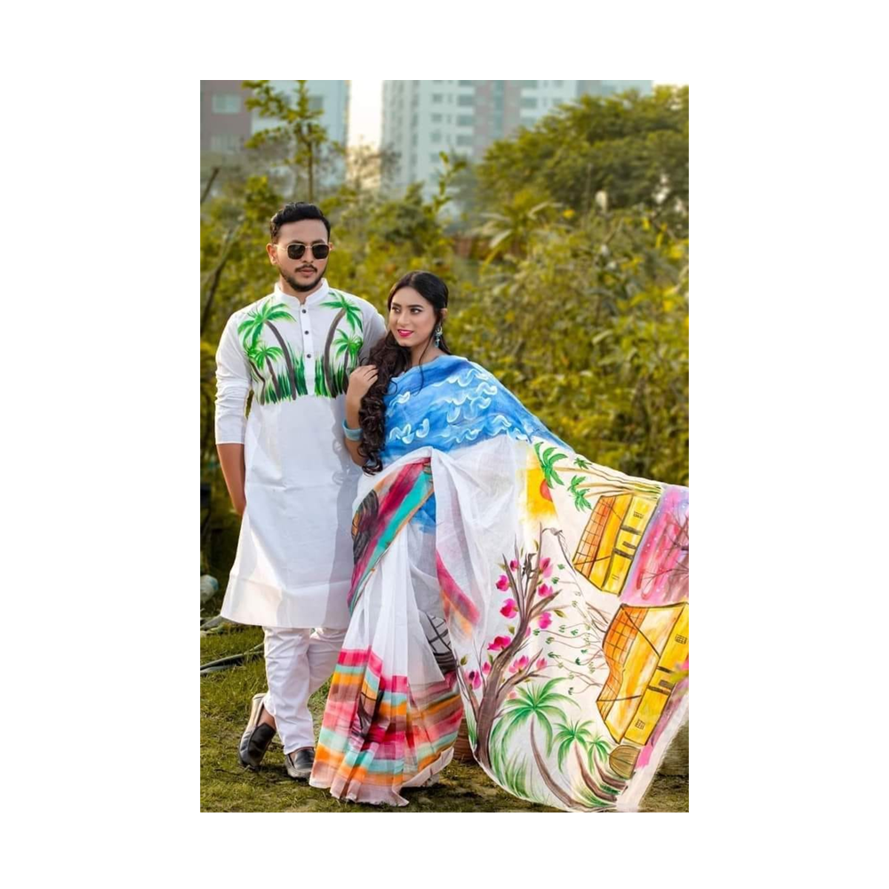 Hand Printed Half Silk Saree and Dhupian Cotton Panjabi For Couple Set - BAN067