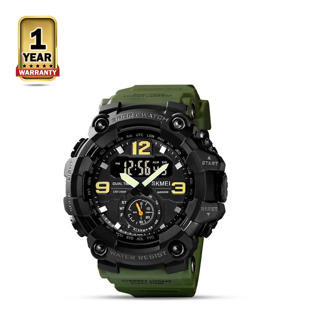 SKMEI 1637 Digital Dual Movement 3 Time Sport Watch For Men - Black and Army Green