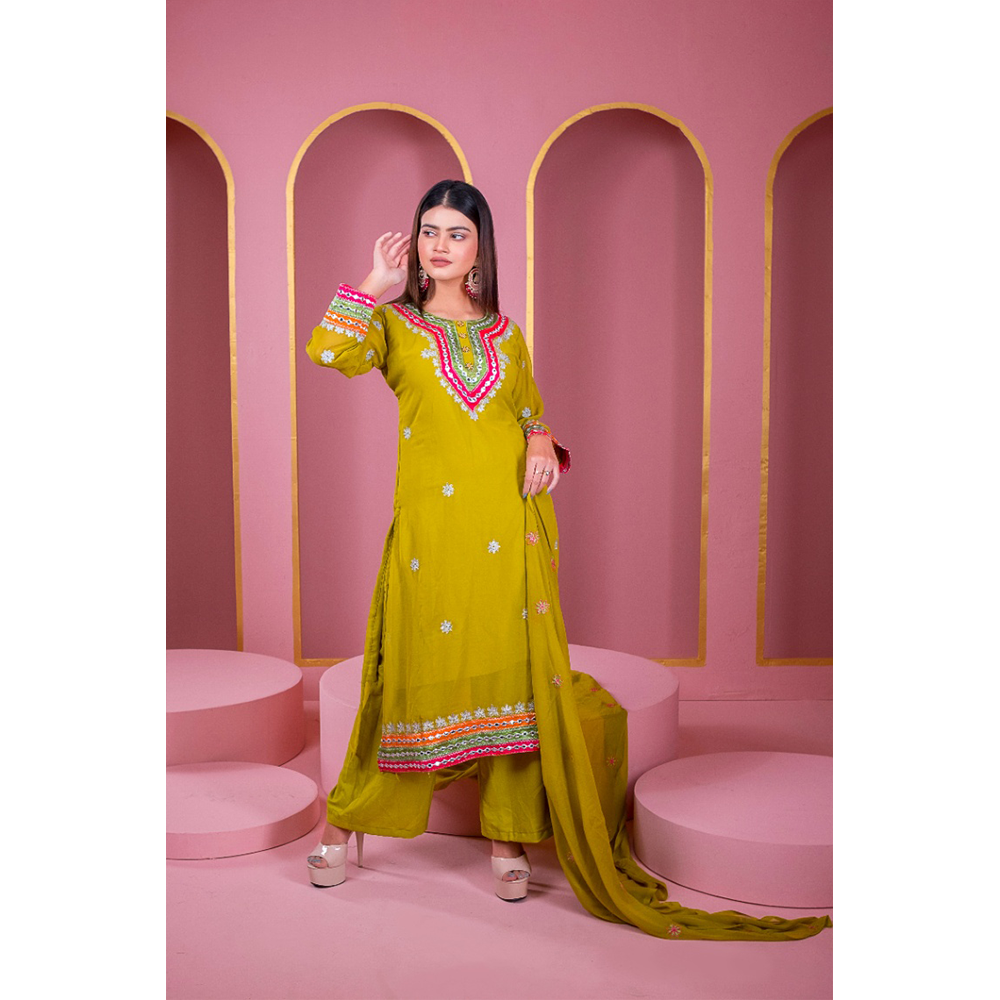 Weightless Georgette Embroidery Readymade Gulbahar Salwar Kameez for Women - Olive - HP-M3P-412