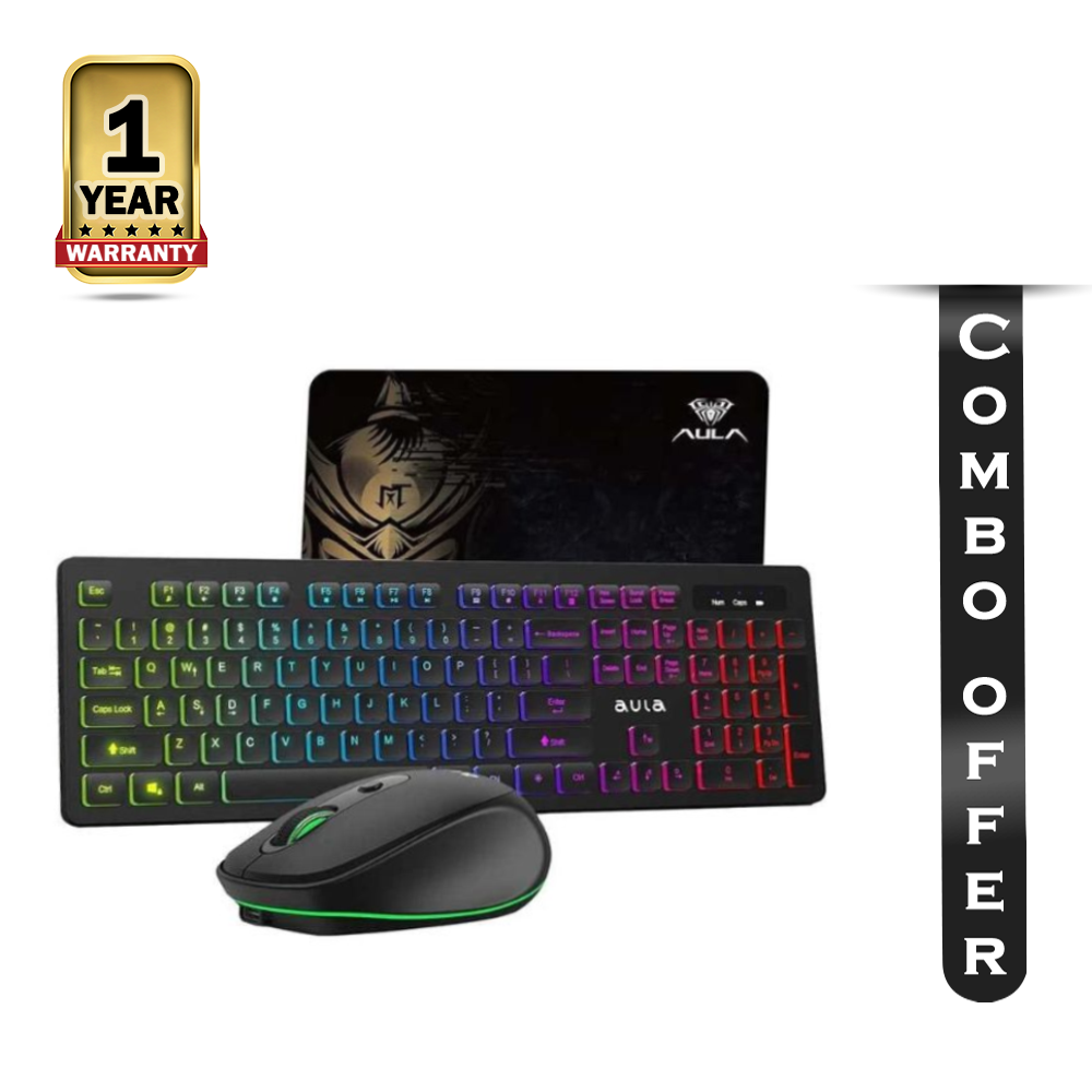 Combo of Aula AC208 RGB Backlit Black Wireless Gaming Keyboard with Mouse and Mouse Pad 