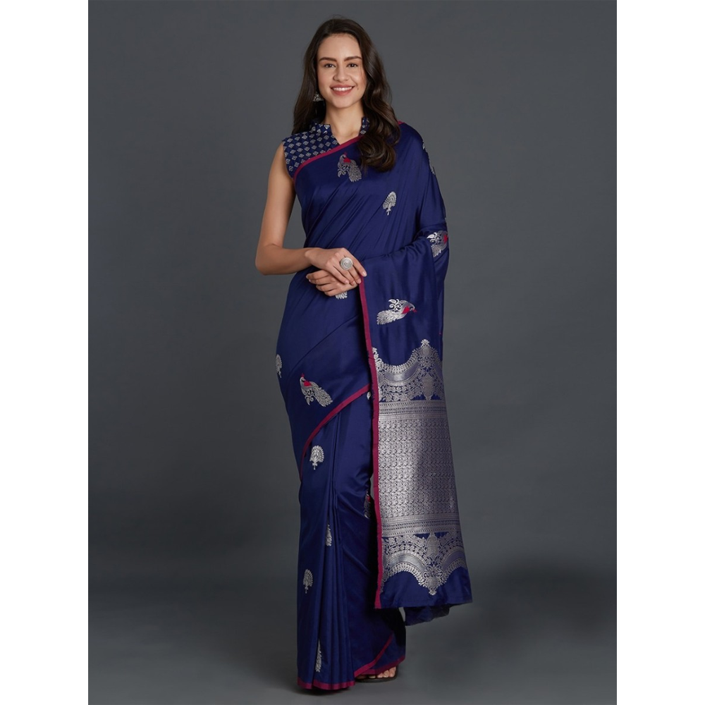 Silk Printed Gorgeous Saree With Blouse Piece For Women - Navy Blue - MN-726