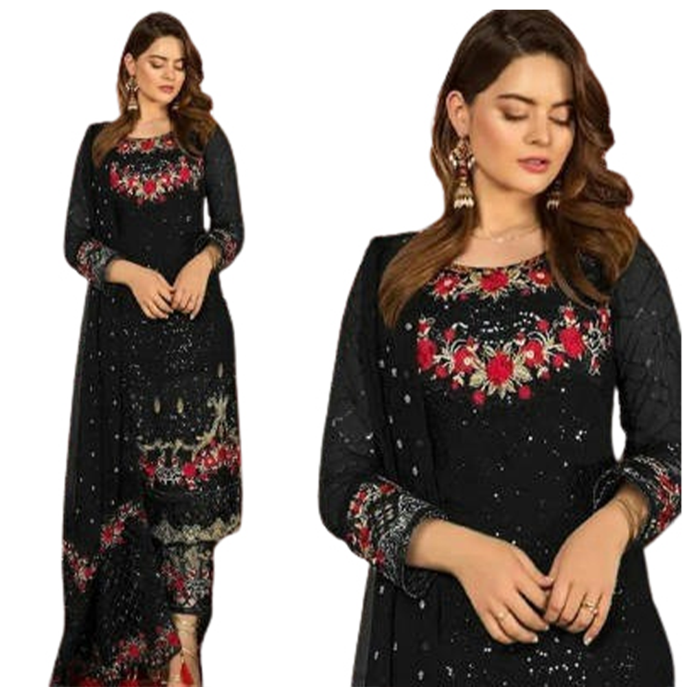 Unstitched Georgette Embroidery 4 Piece Salwar Kameez For Women - Black - 4F-G21