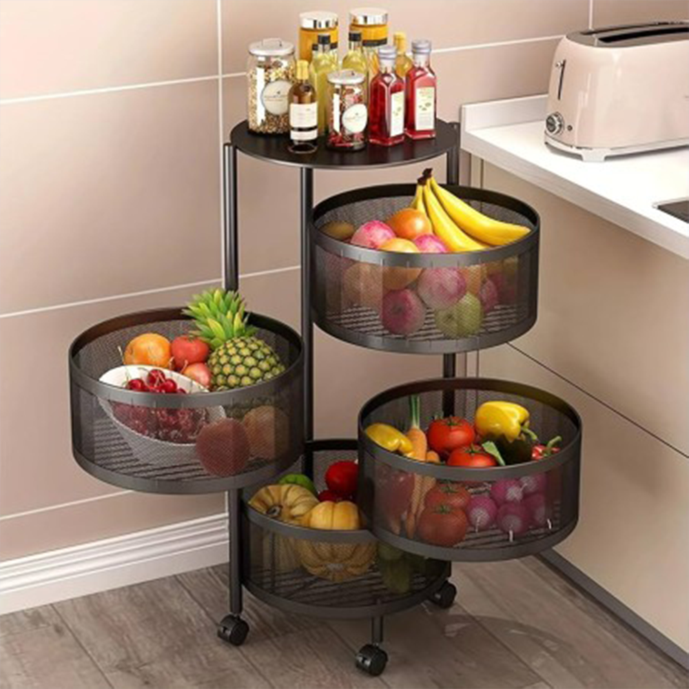 Metal 4 Layer Round Shape Kitchen Storage Rack - Black