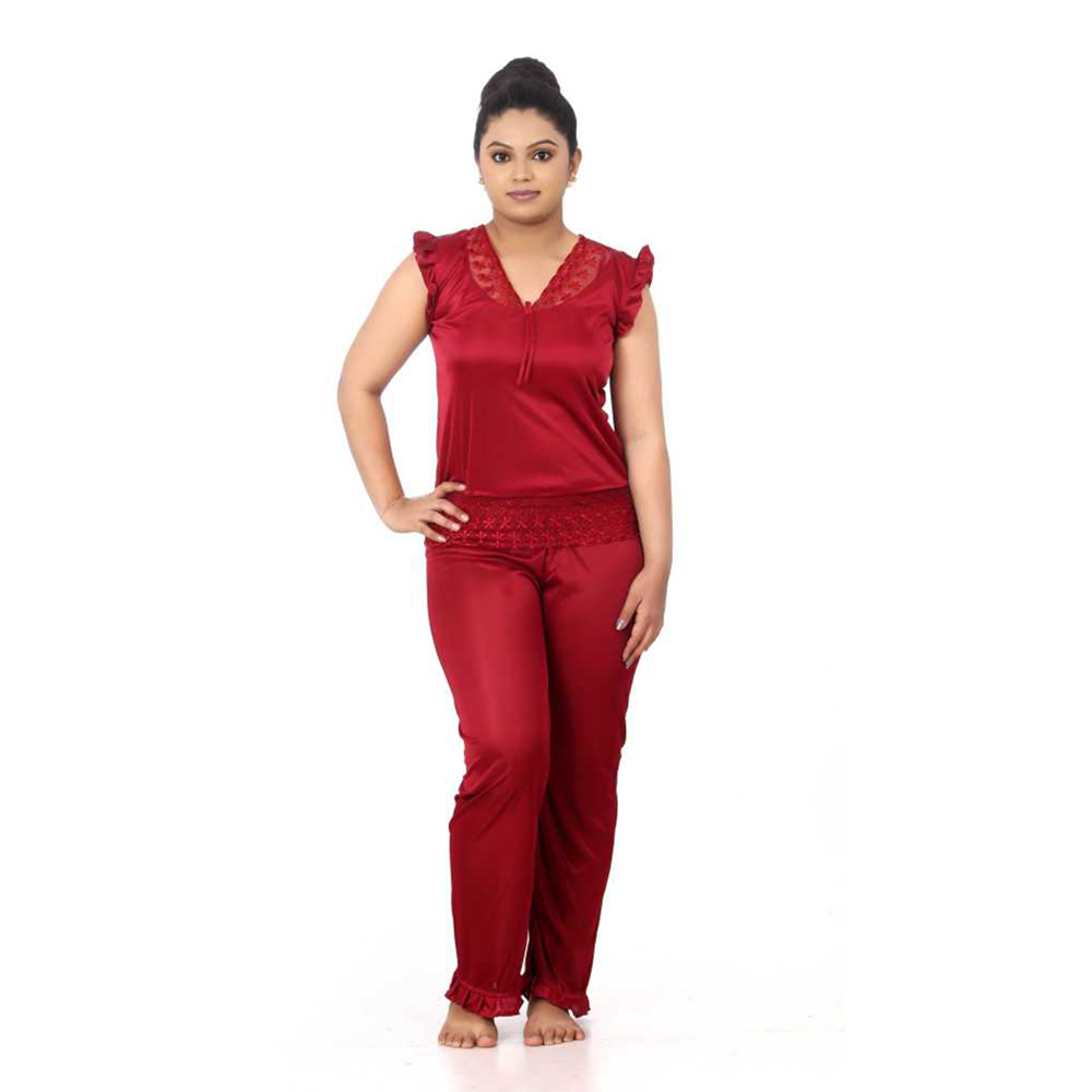 Satin Night Suit Tops With Pajama - Red - ND-83