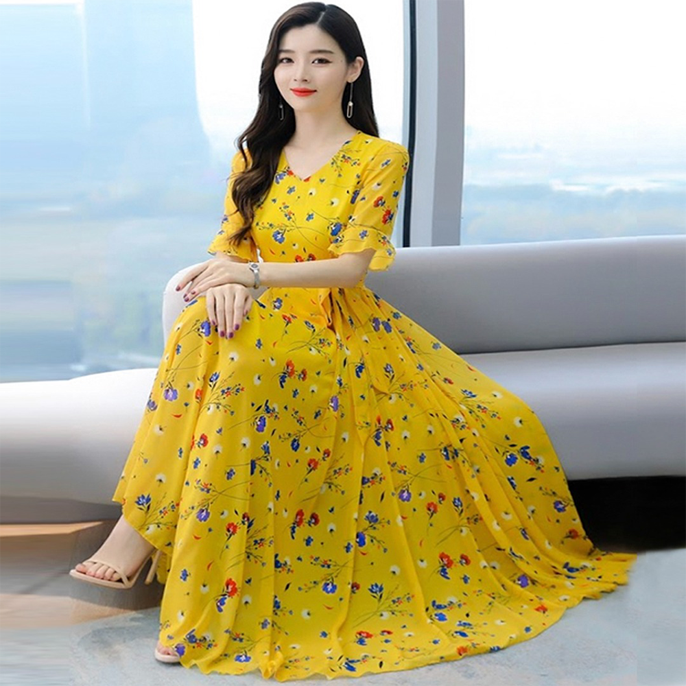 China Linen Printed Long Gown For Women - Yellow - GL-09