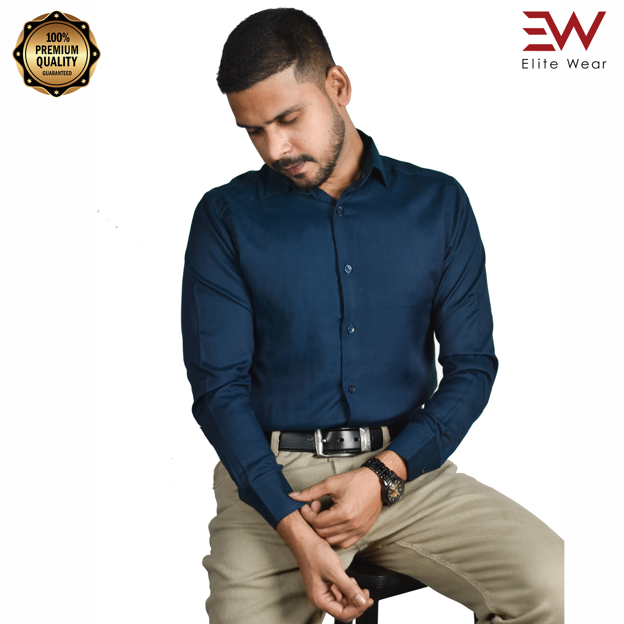 Cotton Blended Full Sleeve Shirt For Men - Deep Ocean Blue - S-03