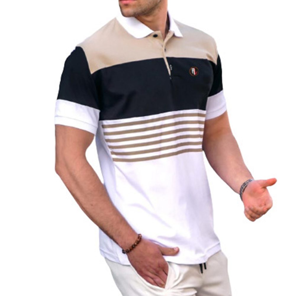 Pique Cotton Half Sleeve Polo Shirt For Men - White and Tan - PT-191