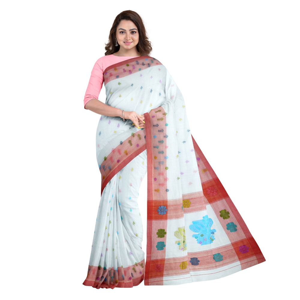 Complete Hand Work Full Cotton Jamdani Saree for Women - HW02 - White Mix