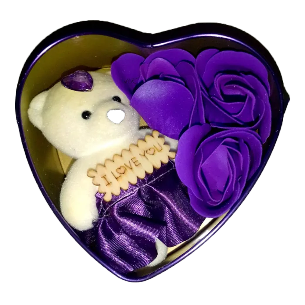 Heart Shaped Gift Box with Teddy and Roses - Blue