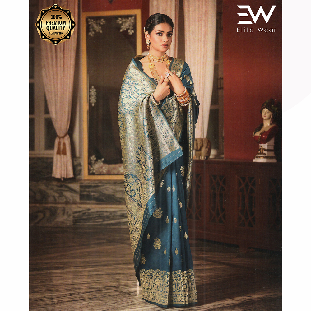 Gujrati Pure Handloom Katan Saree with Blouse Piece for Women - Ocean Blue - A-641 D