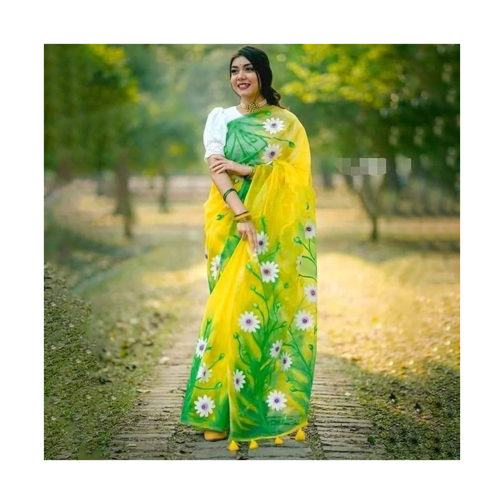 Hand Printed Half Silk Saree For Women - Multicolor - BAN109