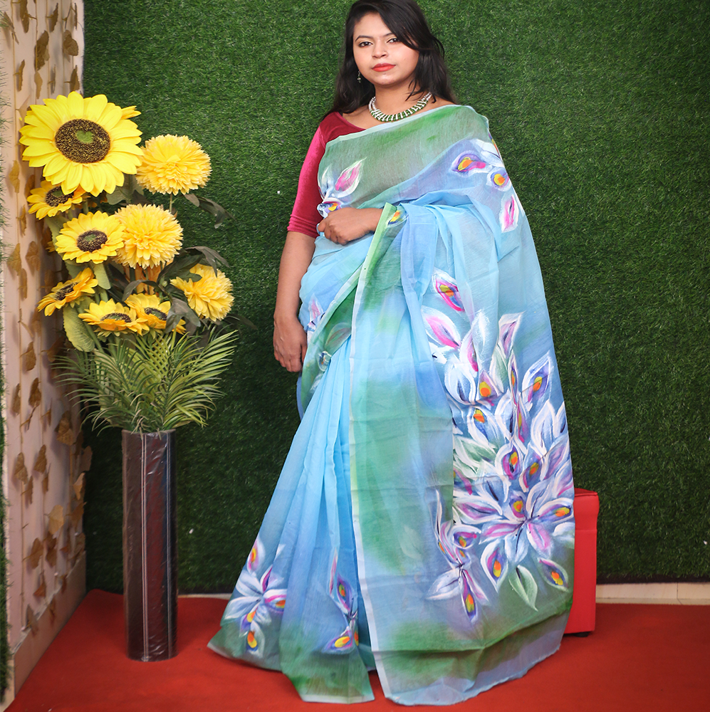 Cotton Half Silk Hand Printed Saree For Women - Sky Blue - Single _ 06