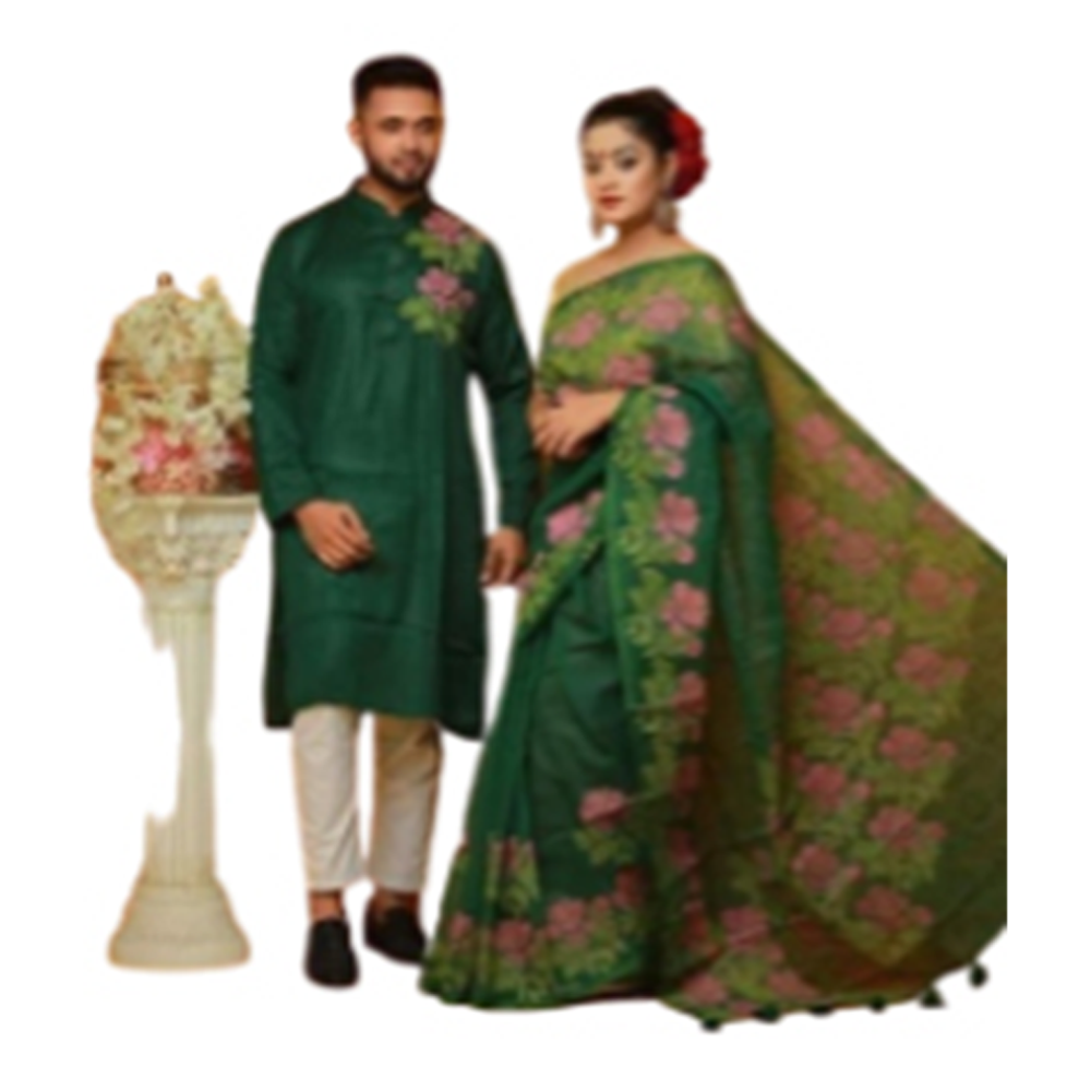 Half Silk Block Print Saree and Silk Cotton Panjabi For Couple - Deep Green - CS-B15