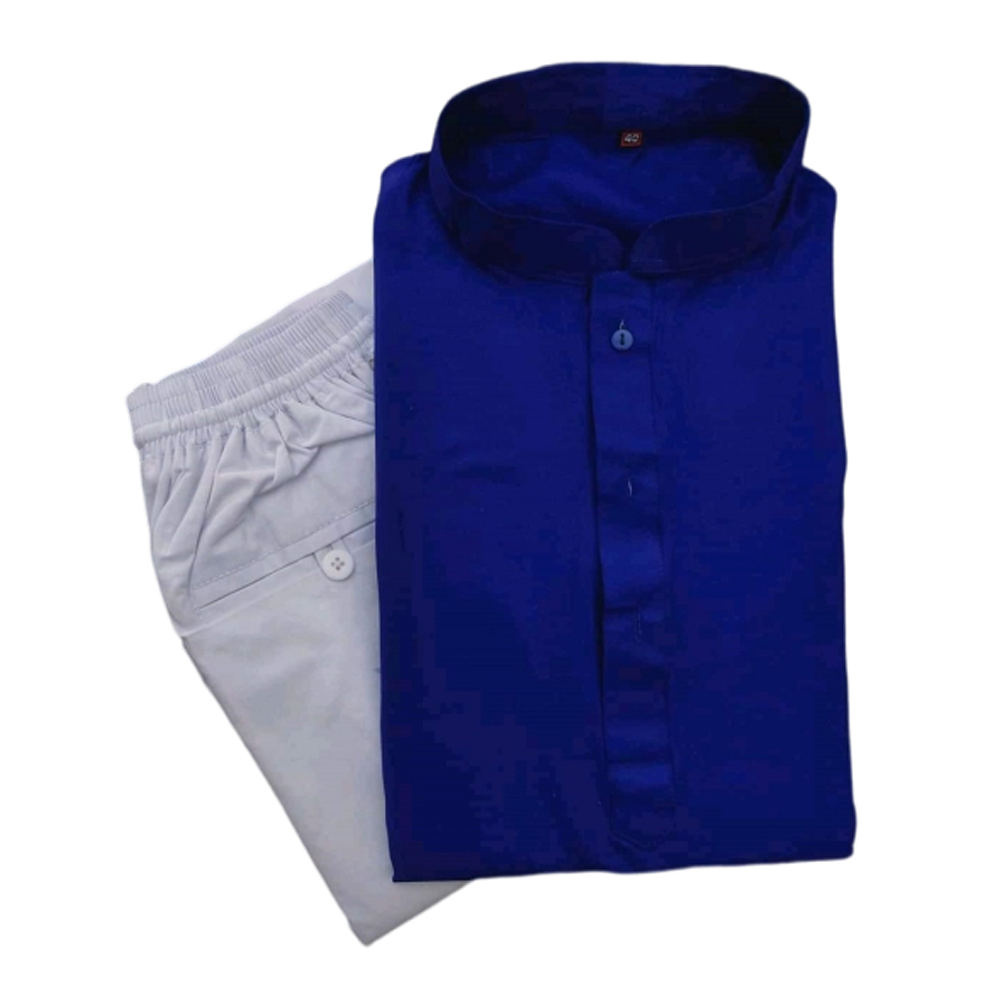 Silk Semi Long Panjabi and Cotton Payjama Set For Men - Dark Blue and White