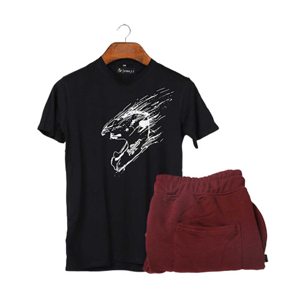 Cotton Half Sleeve T-Shirt & Terry Joggers For Men - Black & Maroon - EMJ#BTMJC